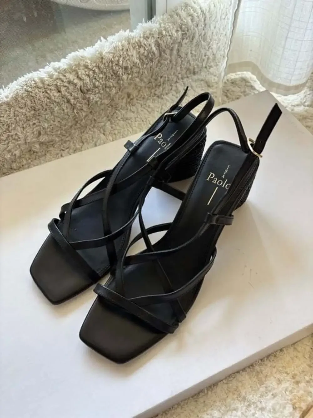 Paolo Black Strappy Wedge Slingbacks